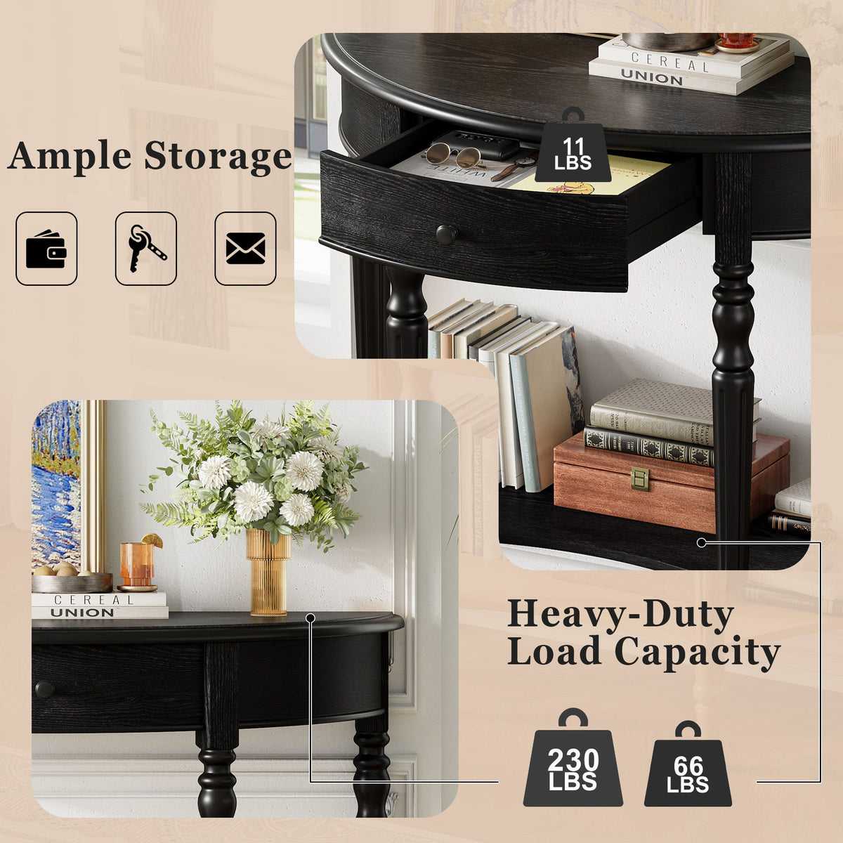 Half Moon Console Table With Drawer & Shelf Accent Table For Entryway - Black