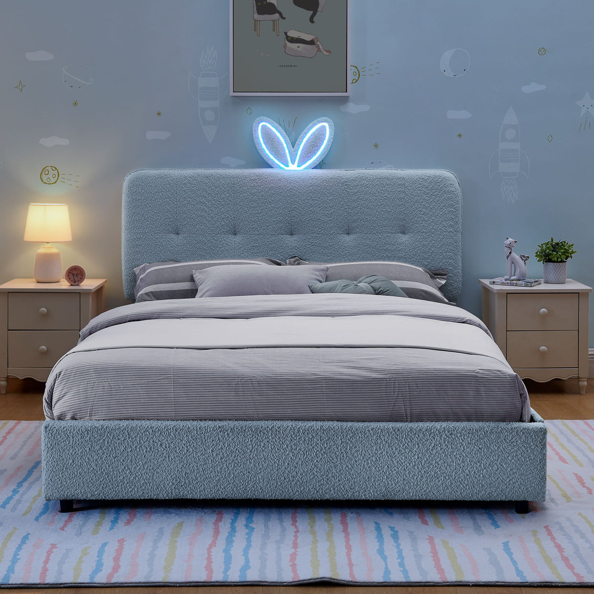 Upholstered Bed With Oversized Rabbit Ear Headboard, LED Lights & 4 Storage Drawers