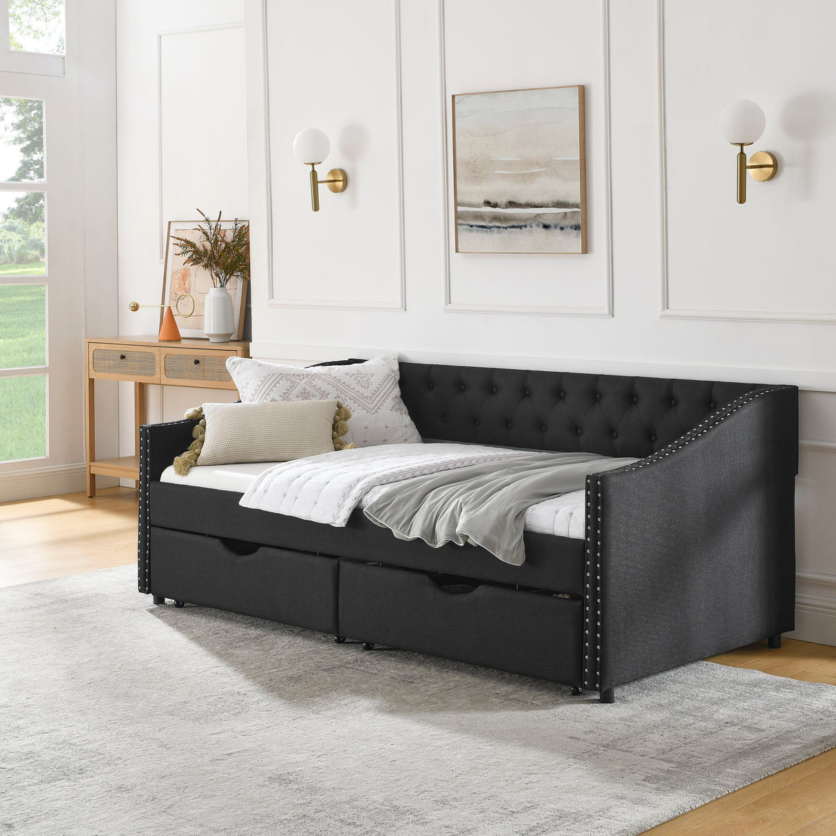 Upholstered Tufted Daybed With 2 Drawers, Waved Arms