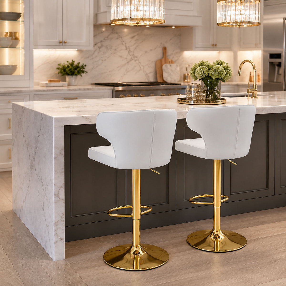 Adjustable Swivel Bar Chair With High Back Support For Kitchen Counter (Set of 2) - Gold / White