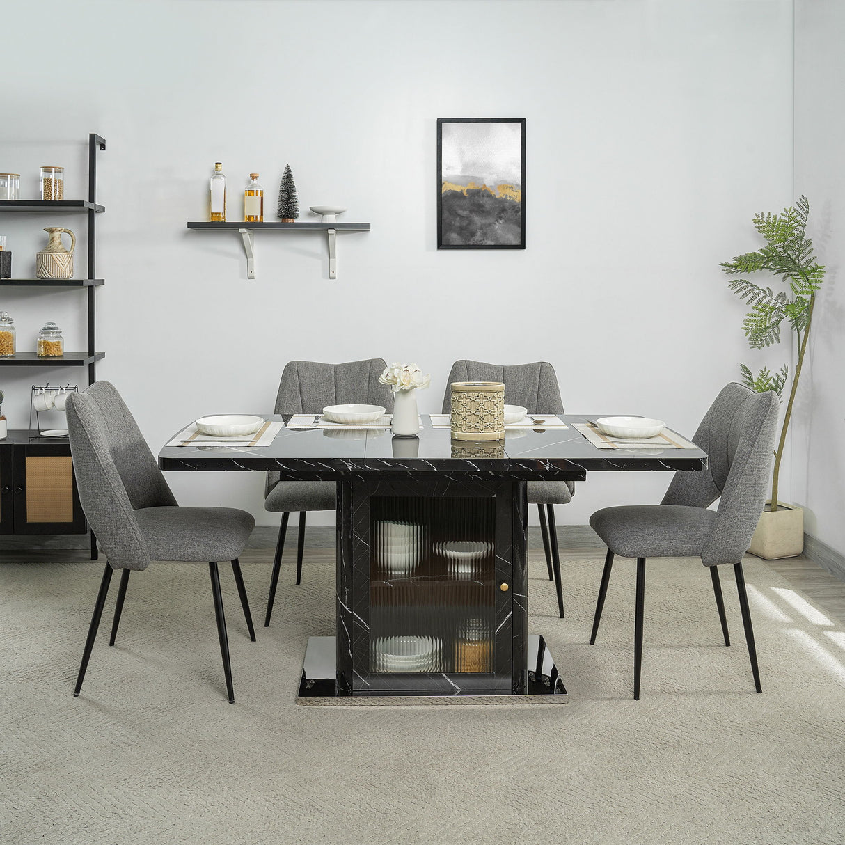 Modern Rectangle Dining Table With Stretchable Top, Storage Cabinet