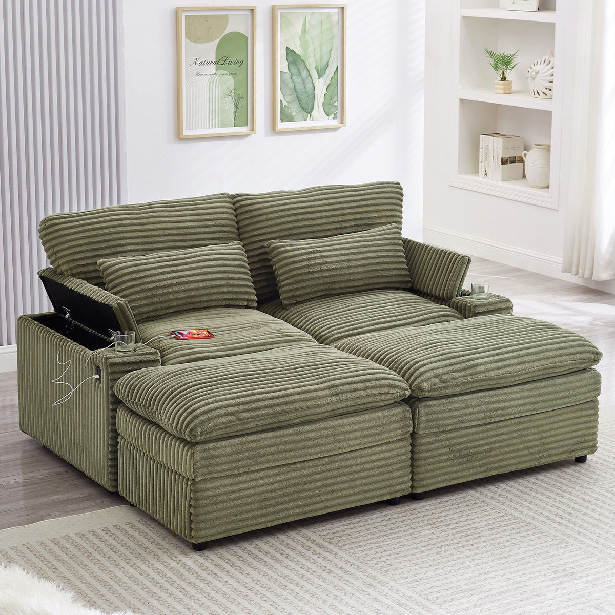Convertible Loveseat Sofa With Storage, USB Ports, Cup Holders