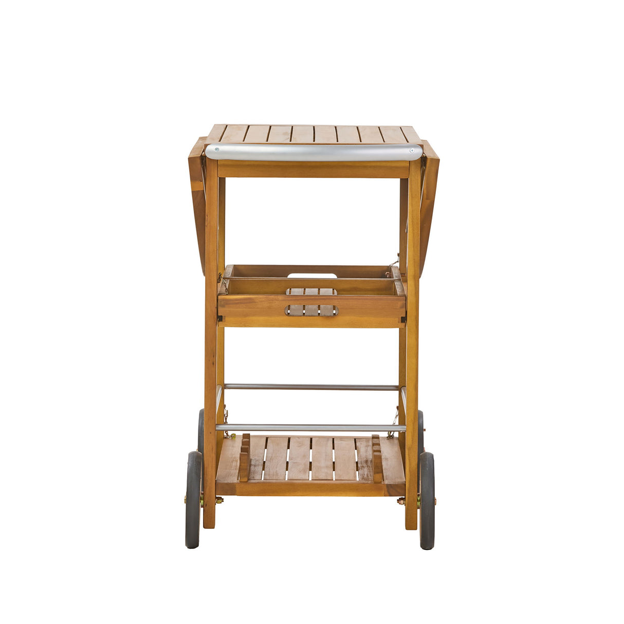 Outdoor Bar Cart With Foldable Tabletop & Removable Trays - Teak