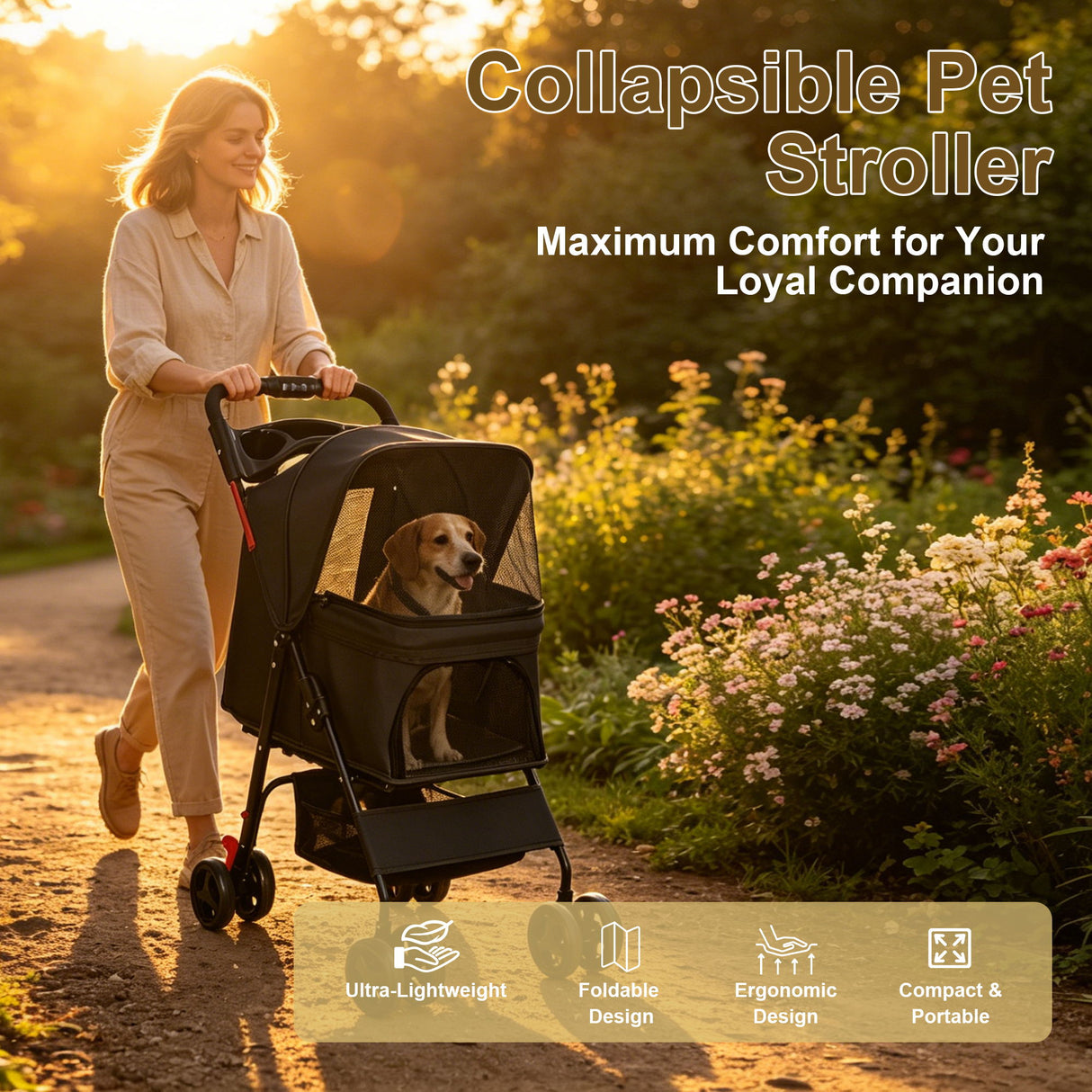 Foldable Pet Stroller For Small Dogs And Cats With Multi Functional Tray