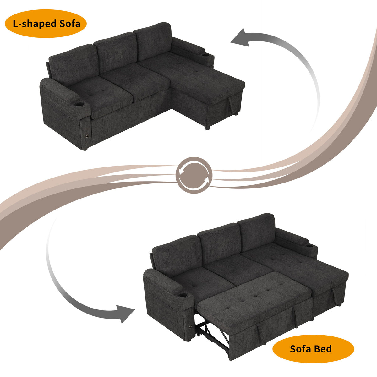 Convertible L Shaped Sofa Couch With Storage, Cup Holders, USB Ports