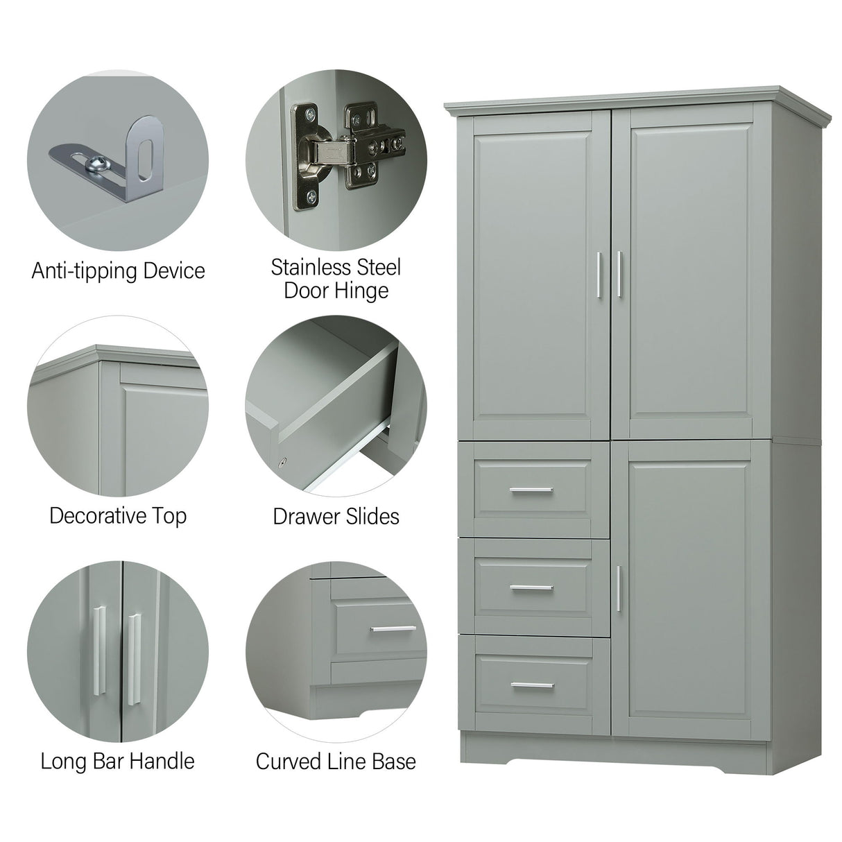 Tall Wide Storage Cabinet With Doors, 3 Drawers