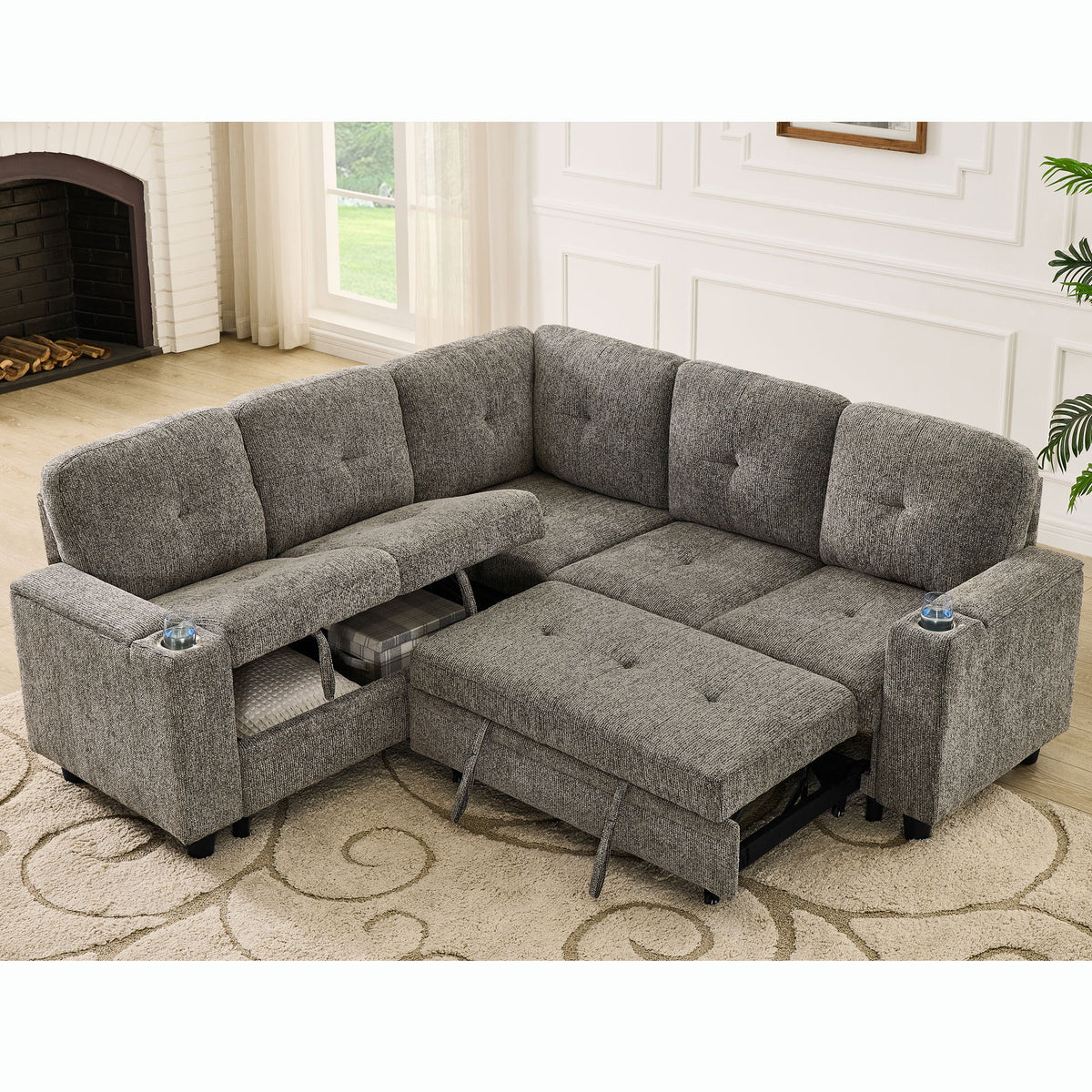 5 Seat Reversible L - Shaped Sleeper Sofa, Pull Out Convertible Sectional Couch With Storage, USB C - Charger, Cup Holders Modular Sofa Bed - Gray