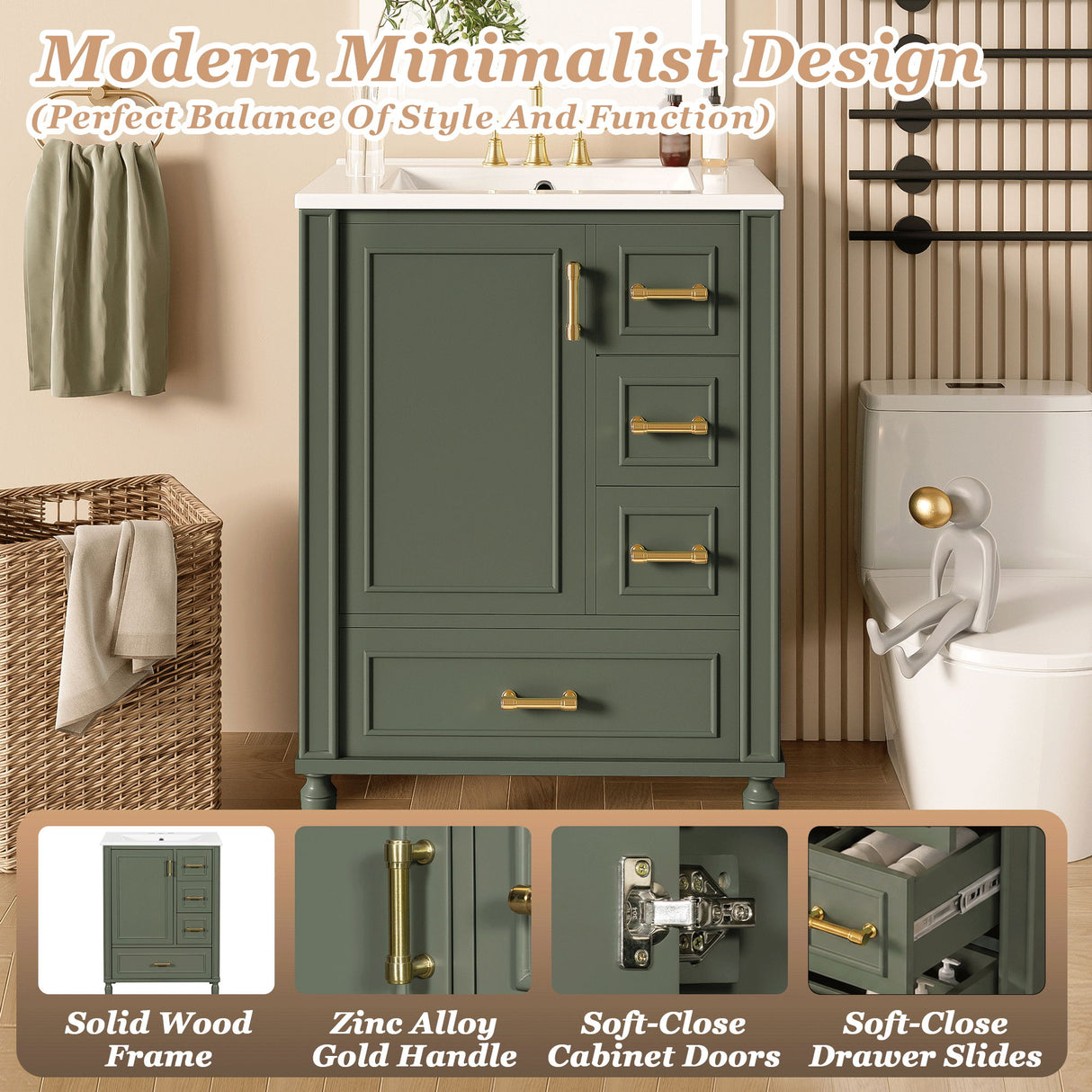 Modern Bathroom Vanity With Sink, Soft Close Doors, 3 Drawers