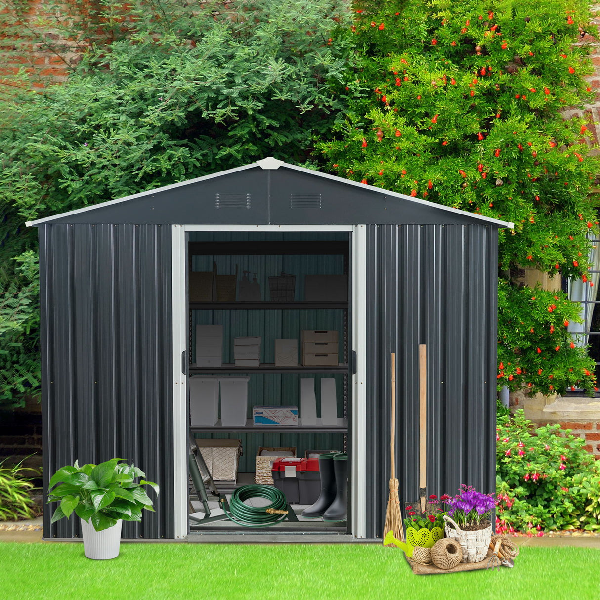 Outdoor Metal Storage Shed Garden Building Heavy Duty with Floor Base