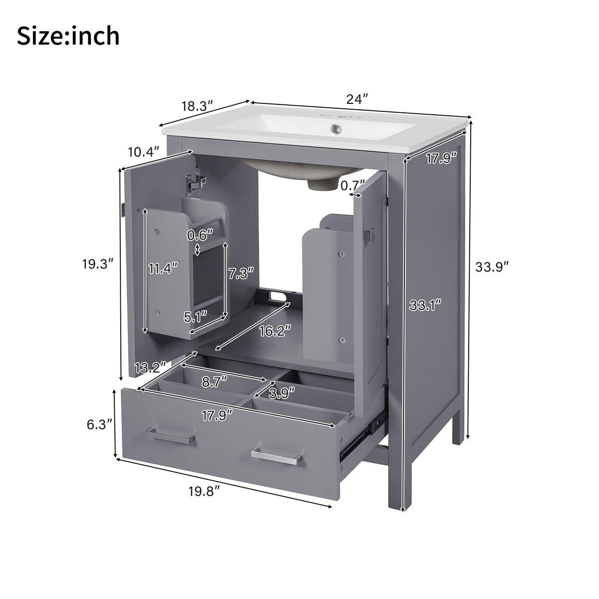 Bathroom Vanity With Integrated Undermount Ceramic Sink, 2 Doors And 1 Drawer, Soft Close Hinges