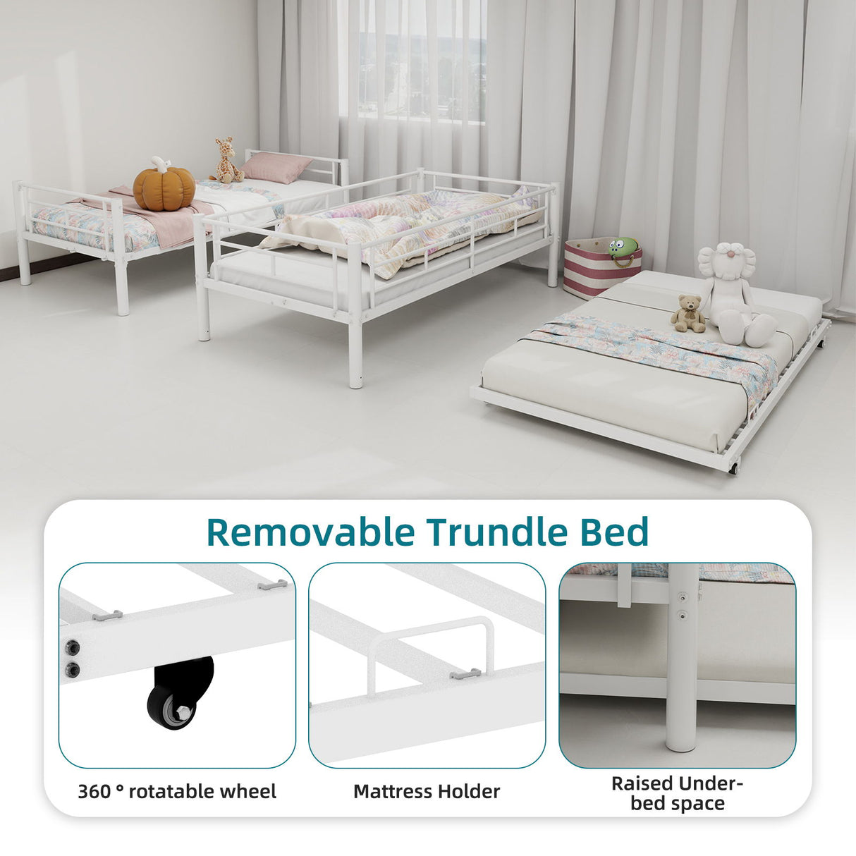 Bunk Bed For Kids, Convertible Frame With Ladders & Guardrail