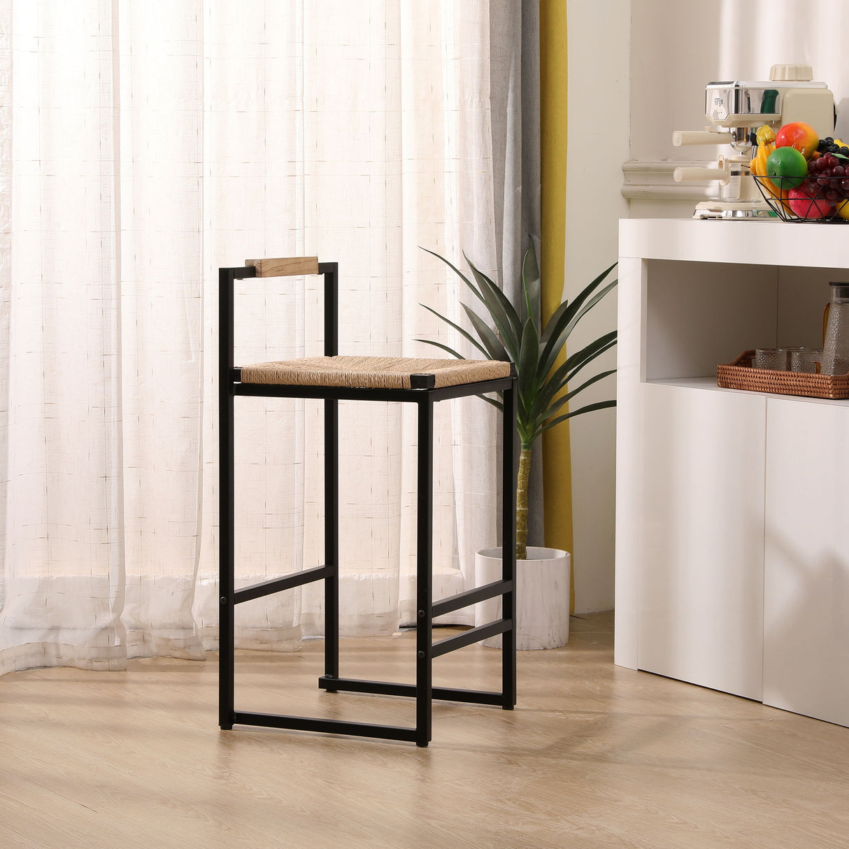 Stylish (Set of 2) Bar Stools With Backrest And Paper Rope Woven Seat, Counter Height Dining Chairs For Kitchen - Natural