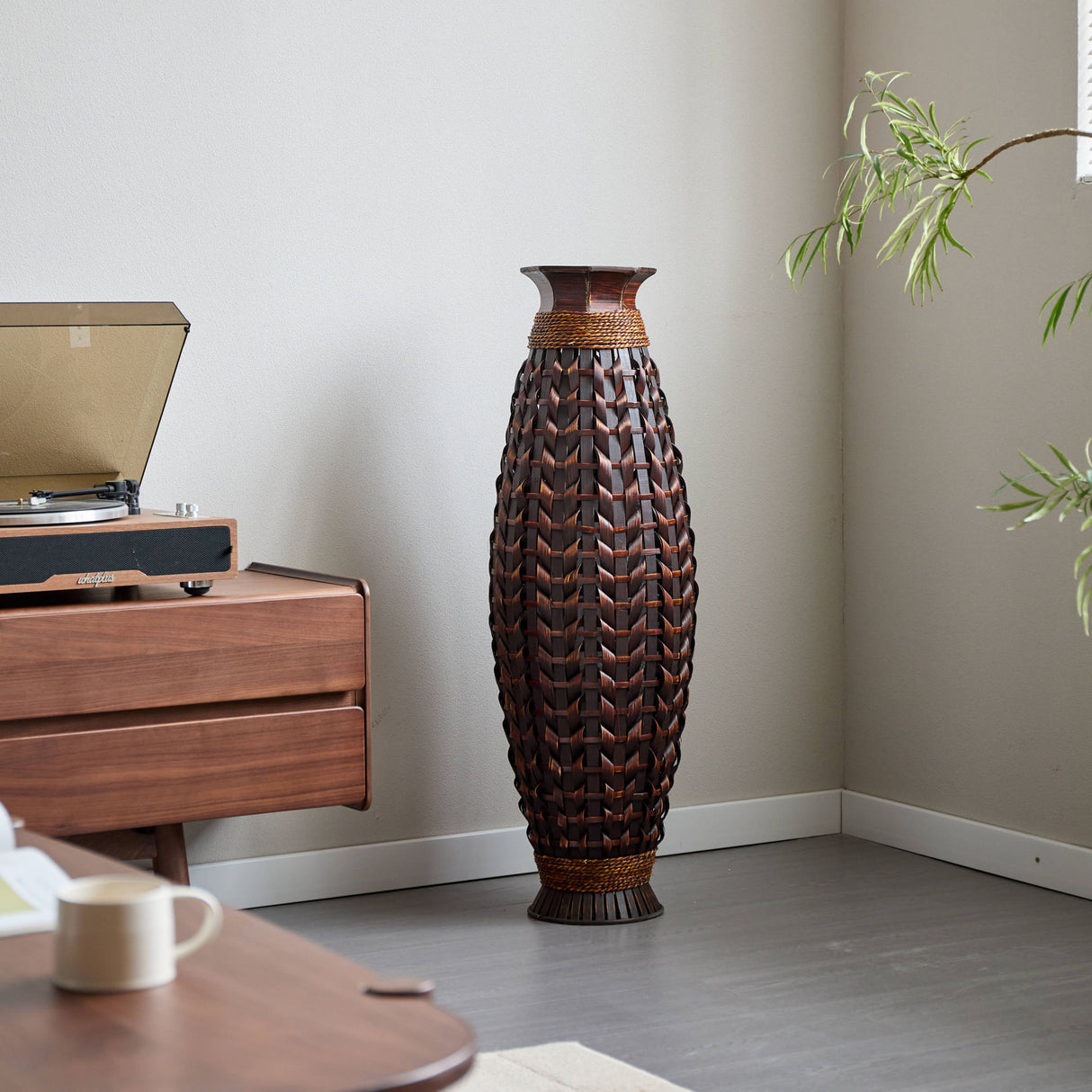 Hand Woven Bamboo Floor Vase, Decorative Accent For Living Room - Acacia Wood