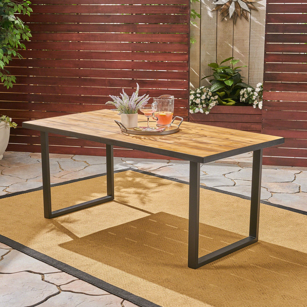 Outdoor Dining Table With U Shape Legs And Slat Top Table - Teak
