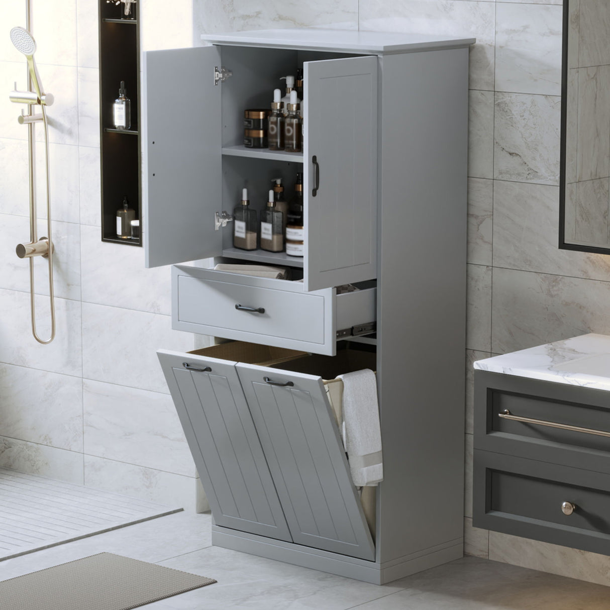Modern Bathroom Storage Cabinet With Two Laundry Baskets, One Drawer, Adjustable Shelf