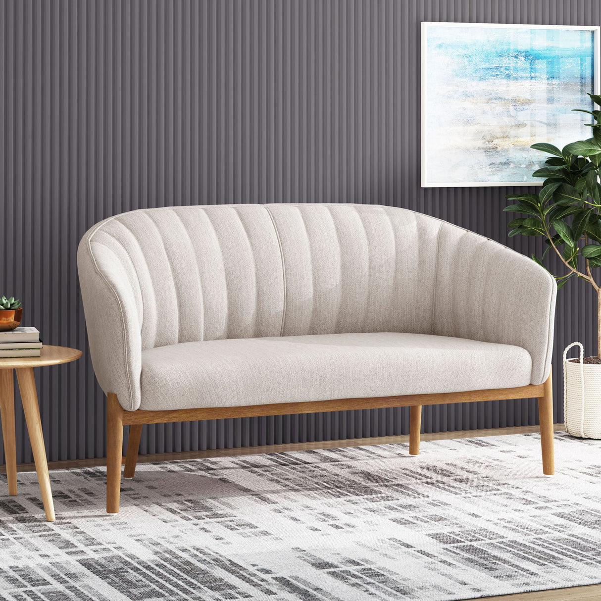 Mid Century Modern Loveseat With Channel Stitched Backrest