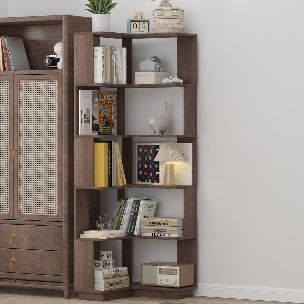 6 Tier Freestanding L-Shaped Corner Bookshelf For Living Room - Dark Brown