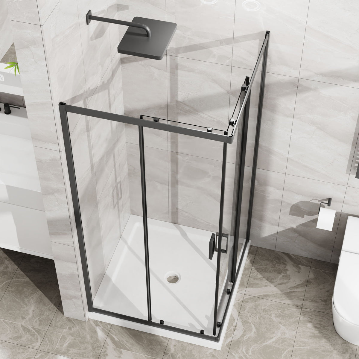 Corner Shower Enclosure, Double Sliding Door & Shower Base