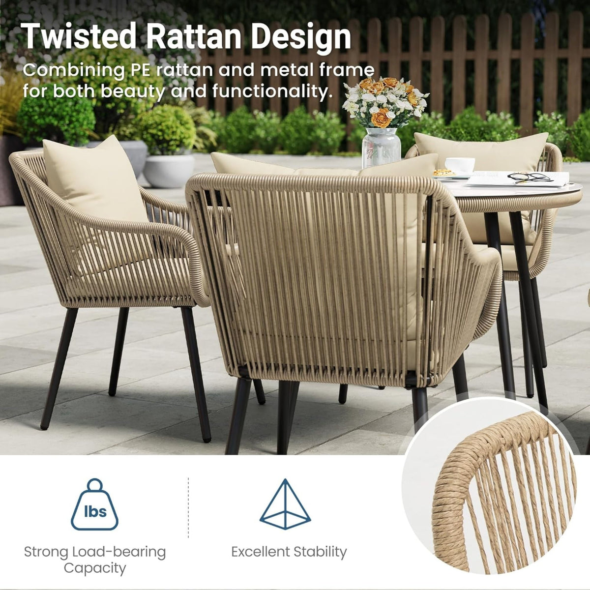 All Weather Twisted Rattan Patio Dining Set With Table And Cushions - Beige / Brown