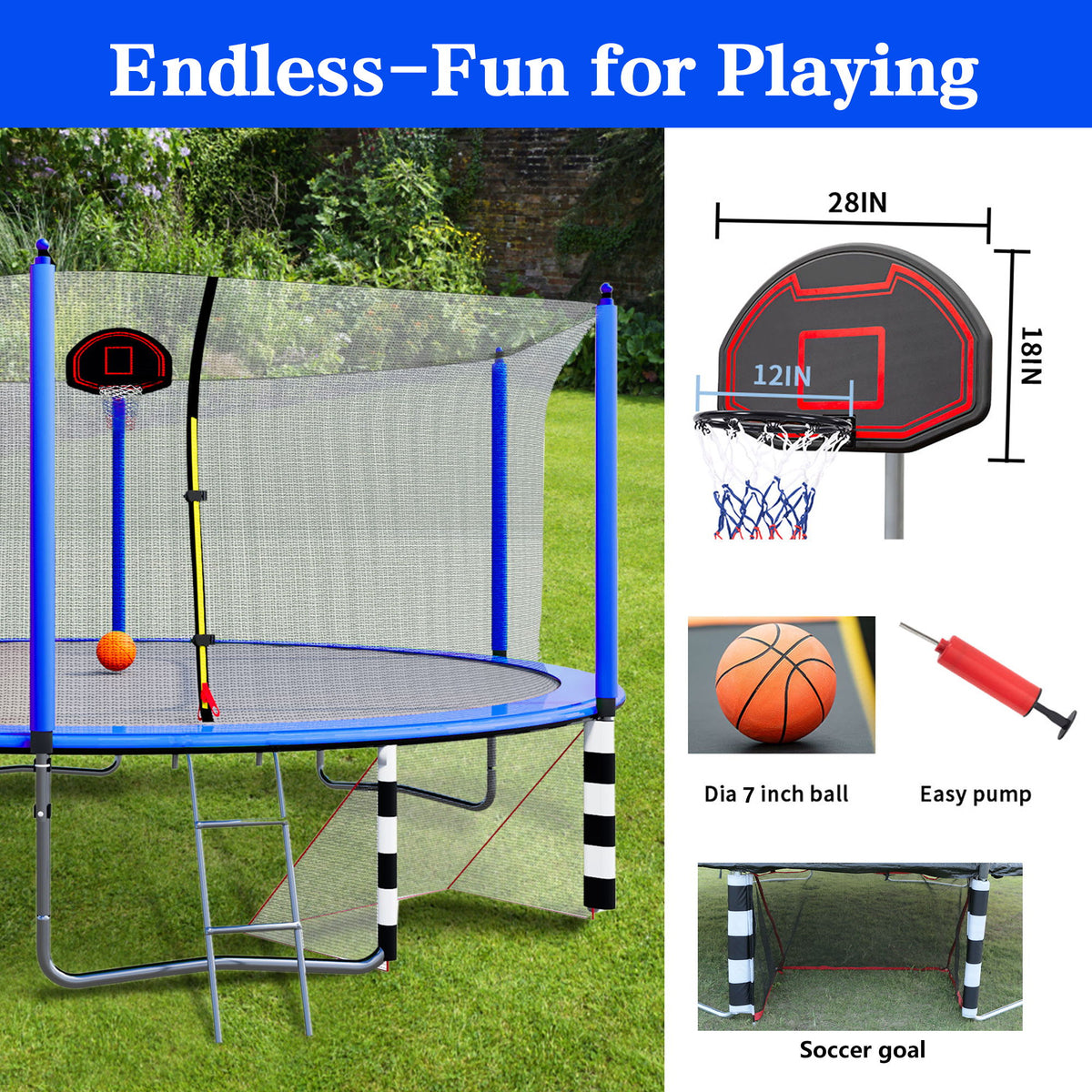 16Ft Trampoline With Basketball Hoop Pump And Ladder (Inner Safety Enclosure) With Soccer Goal - Blue