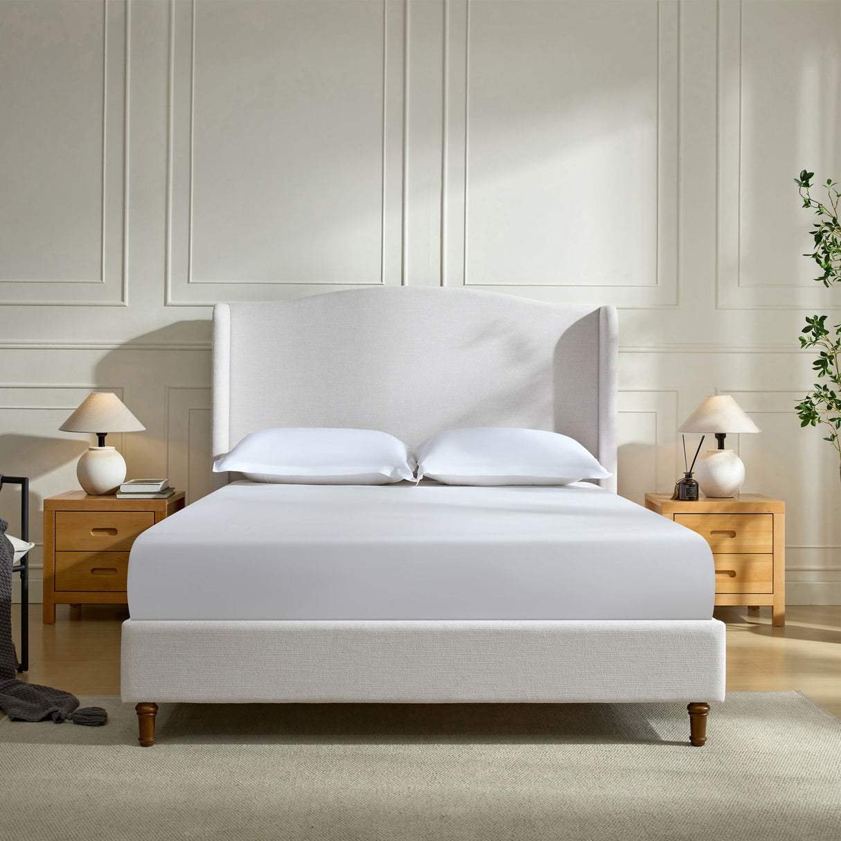 Hannah - Upholstered Wingback Bed Size / Tall Headboard Upholstered King Bed / Premium Textured Look / Minimalist Designs / No Box Spring Needed