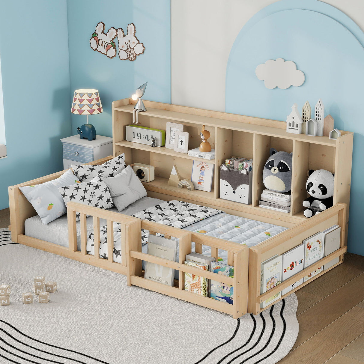 Platform Bed Frame With Guardrail, Storage Shelves & Bookshelf