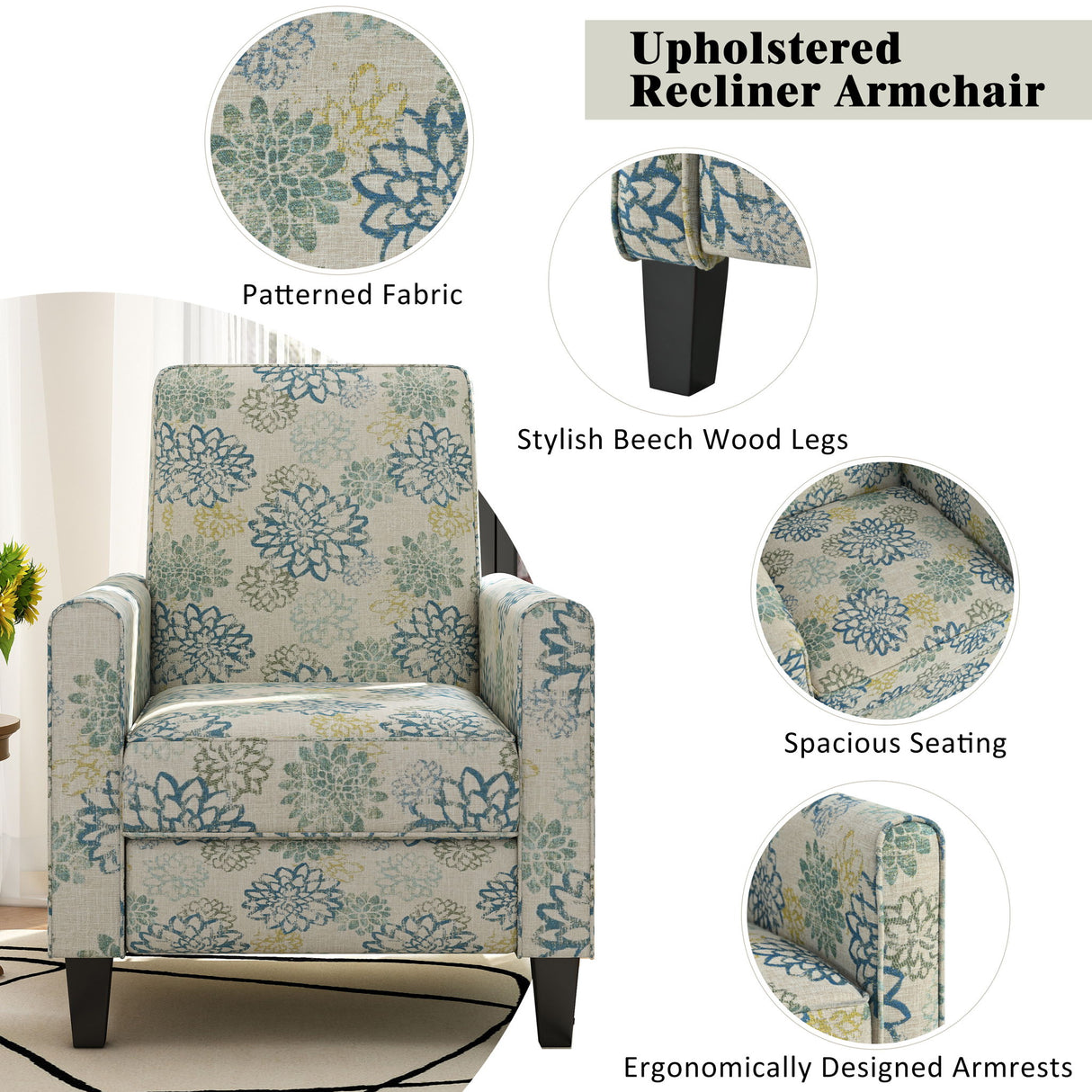 Upholstered Push Back Recliner Chair For Living Room - Blue