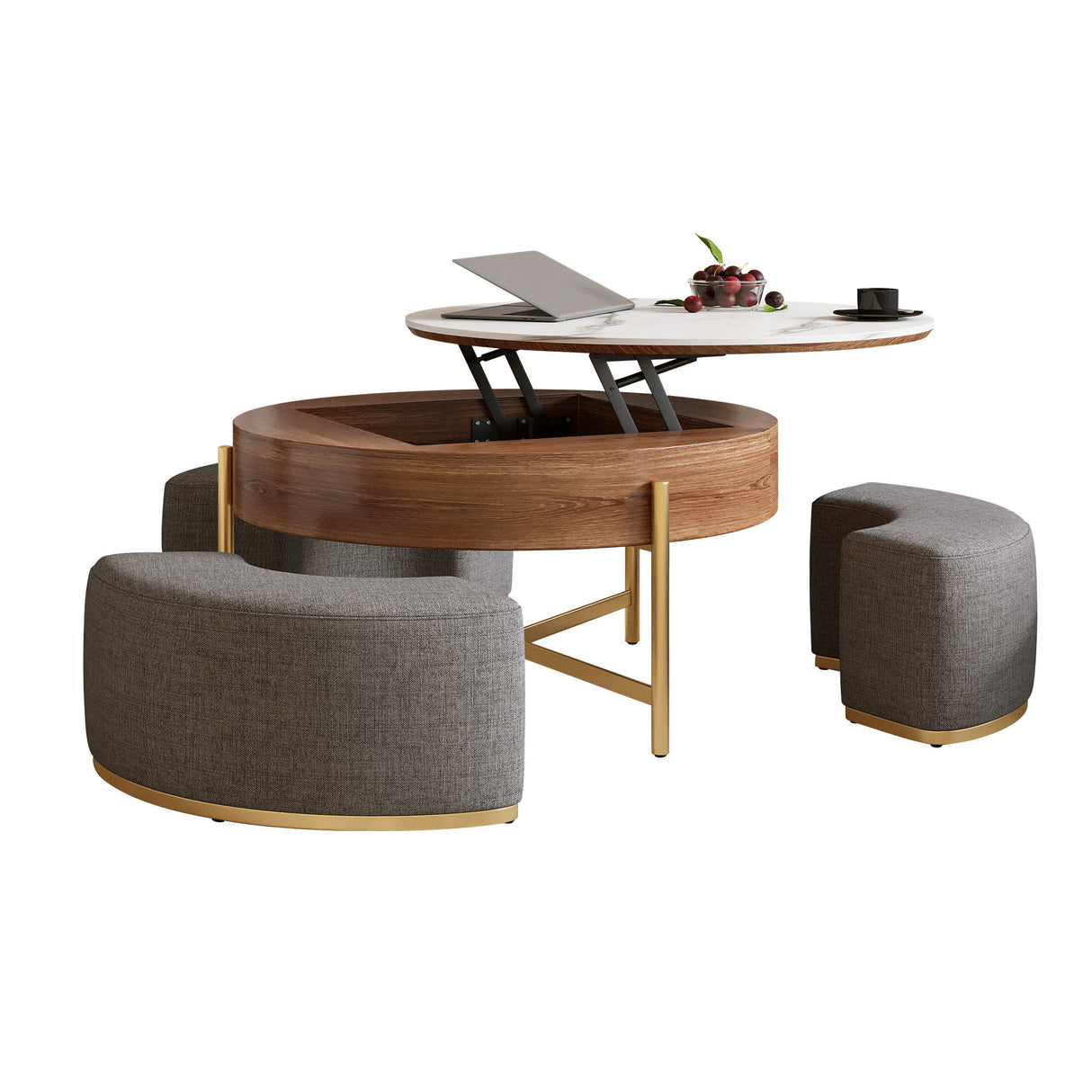 Lift Top Round Coffee Table With Hidden Storage, 3 Upholstered Nesting Ottomans - Brown / Gray / Golden / White