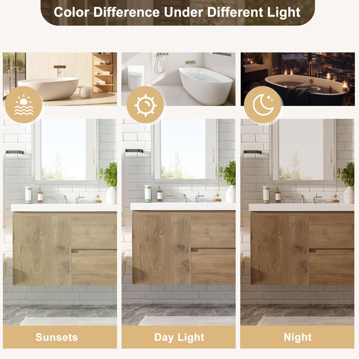 Double Sink Bathroom Vanity, Cabinet & Soft Close Doors, Divided Drawers, Wall Mounted Storage - Wood