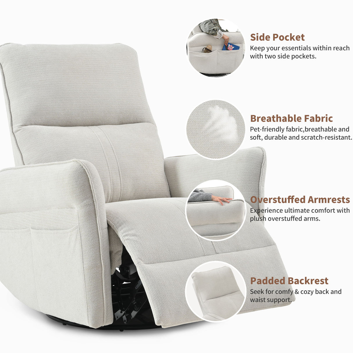 360° Swivel Rocker Recliner Chair, Swive Nursery Rocking Chair With Pull Ring, Glide Chair For Livin Room - Gray