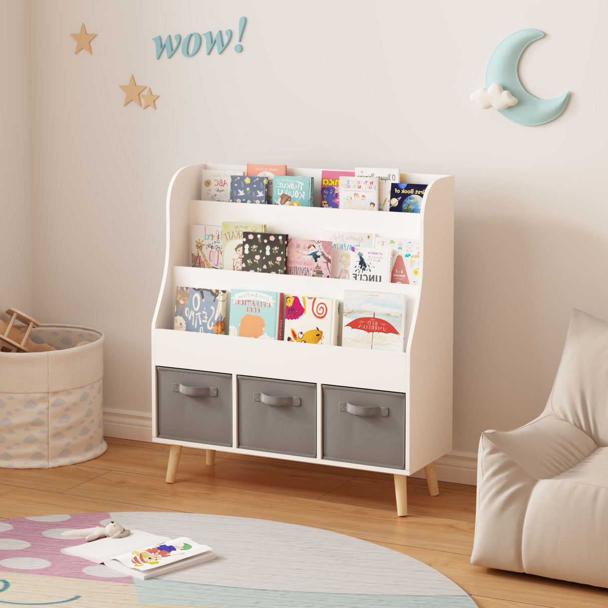 Bookshelf With 3 Storage Bins, Book Display Organizer, Front Facing Book Rack - White