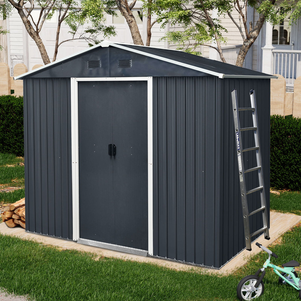 Outdoor Metal Storage Shed Garden Building with Sliding Door 8x4ft