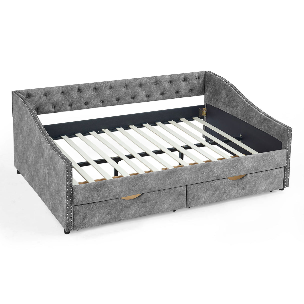 Upholstered Tufted Daybed With Drawers, Waved Arms