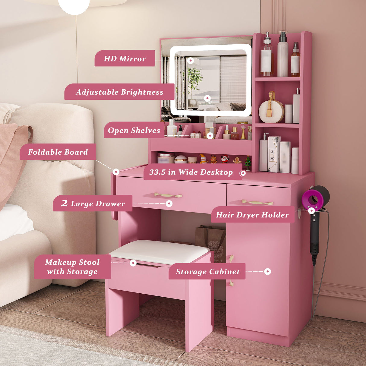 Vanity Desk With LED Mirror Lights And Charging Outlet