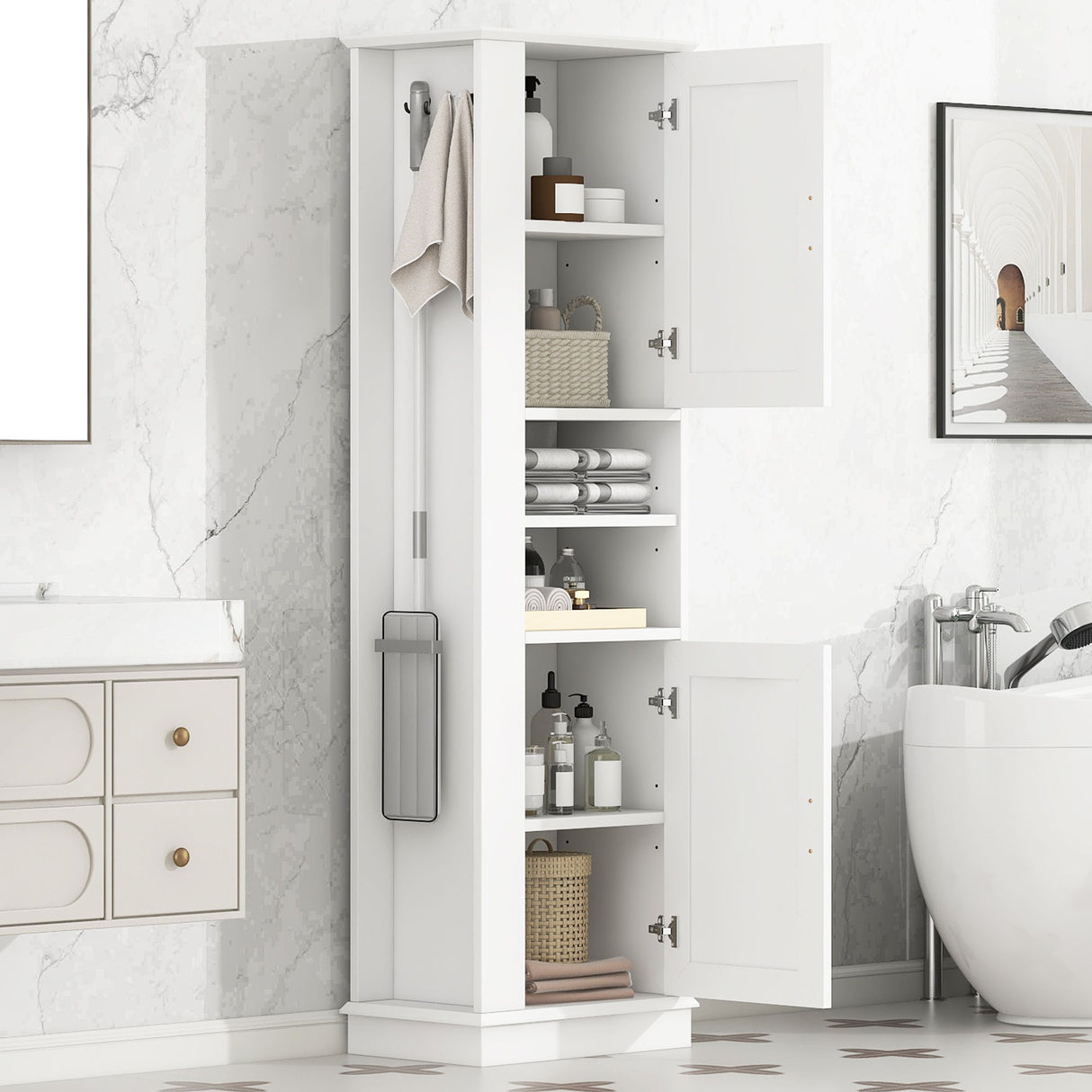 Tall Freestanding Bathroom Storage Cabinet With Adjustable Shelves And Side Hooks Board, Rectangle Design
