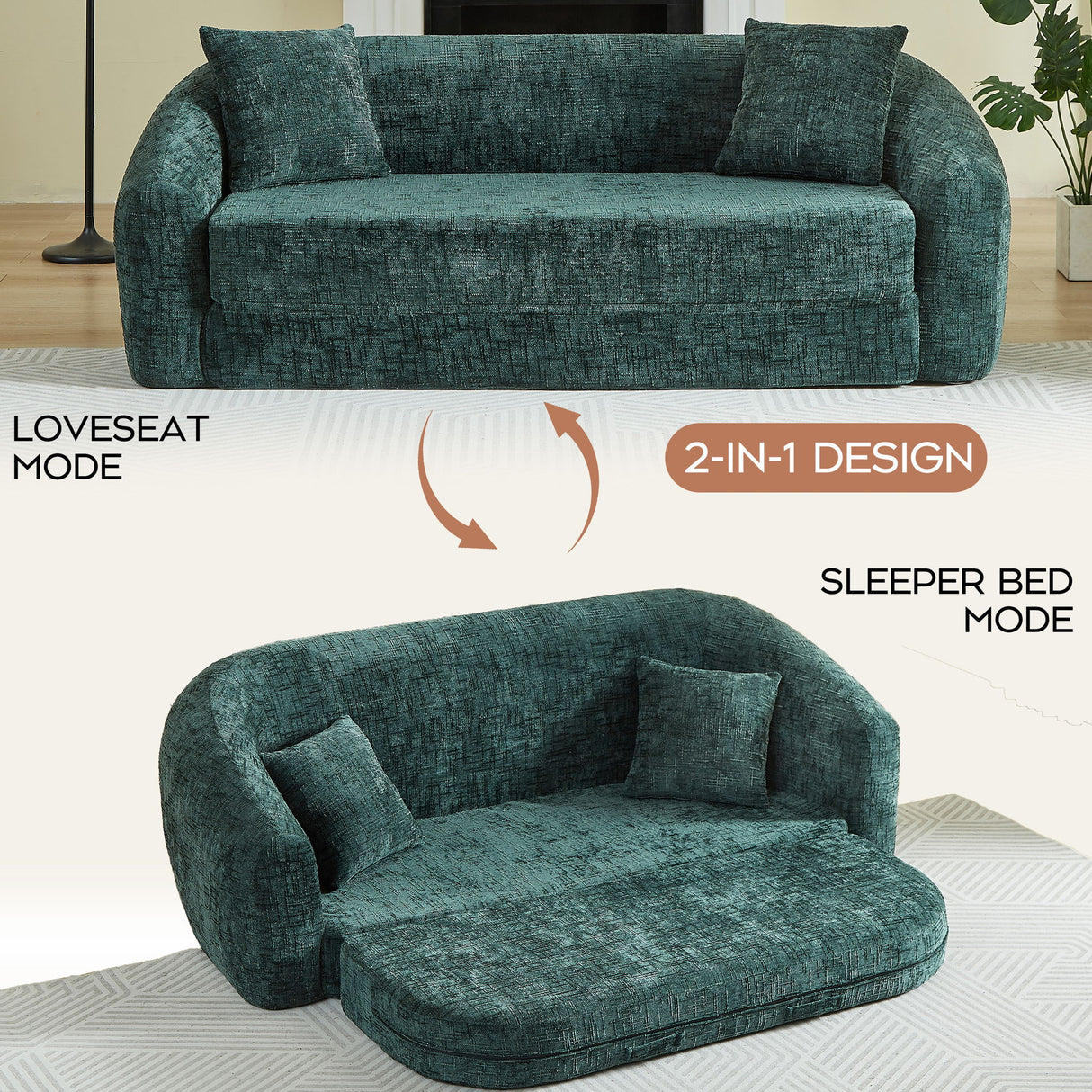 Curved Convertible Sofa, 2 In 1 Fold Out Bed With Pull Out Base And Deep Seat