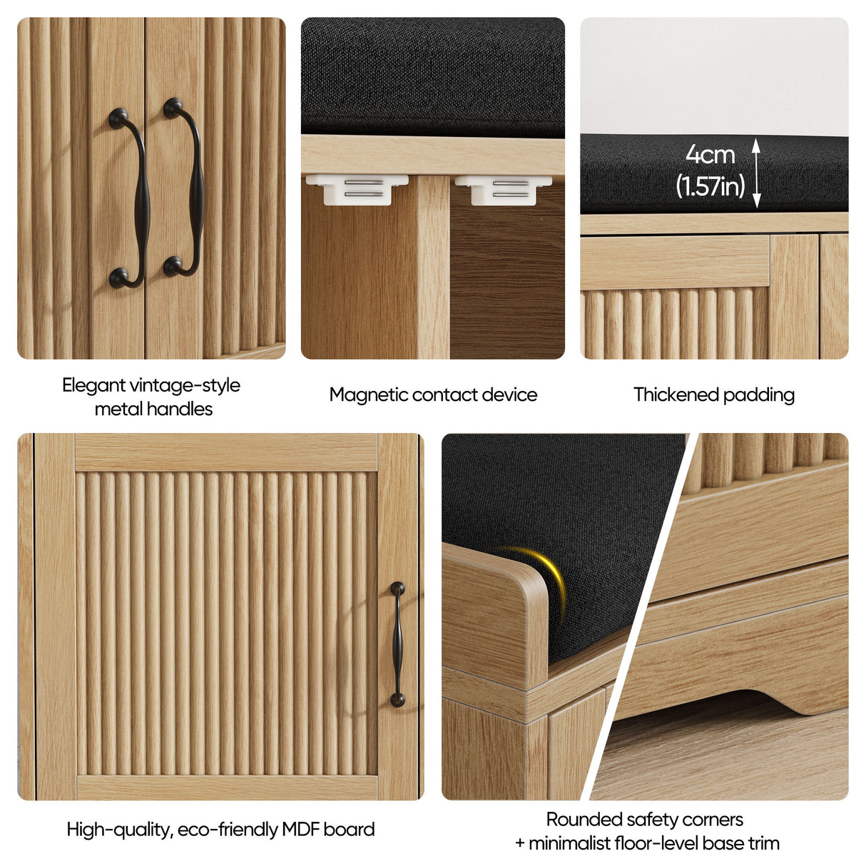 Entryway Shoe Bench With Double Doors, Upholstered Seat - Oak