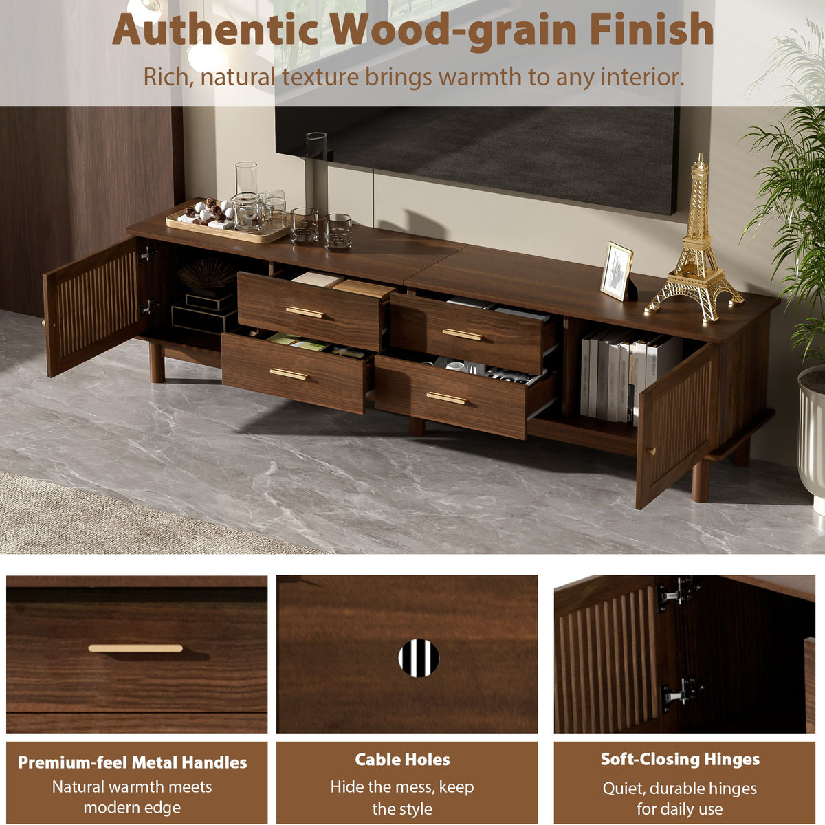 TV Stand For 85" TVs, 4 Smooth Glide Drawers - Walnut