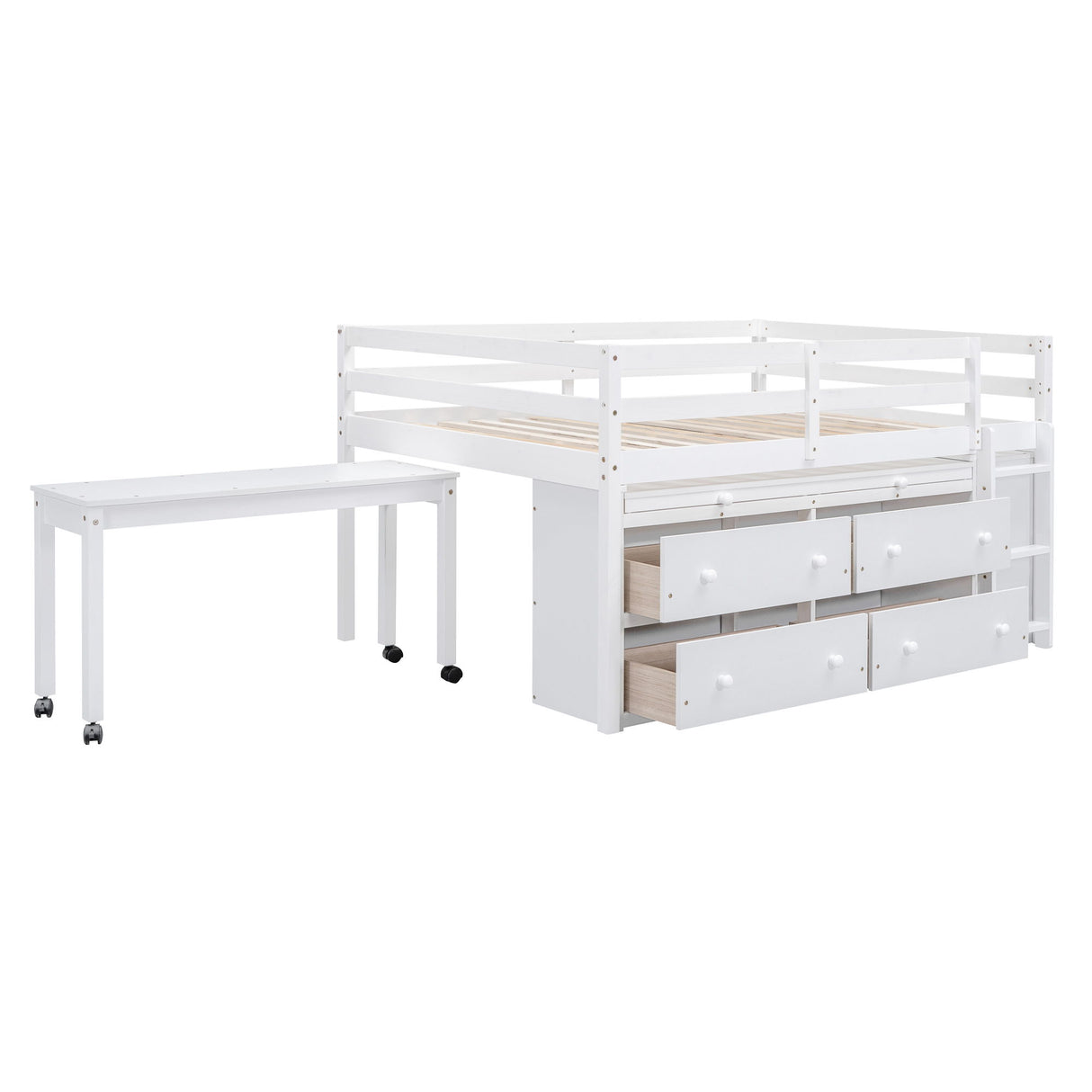 Loft Bed With Retractable Writing Desk And 4 Drawers, With Lateral Portable Desk And Shelves