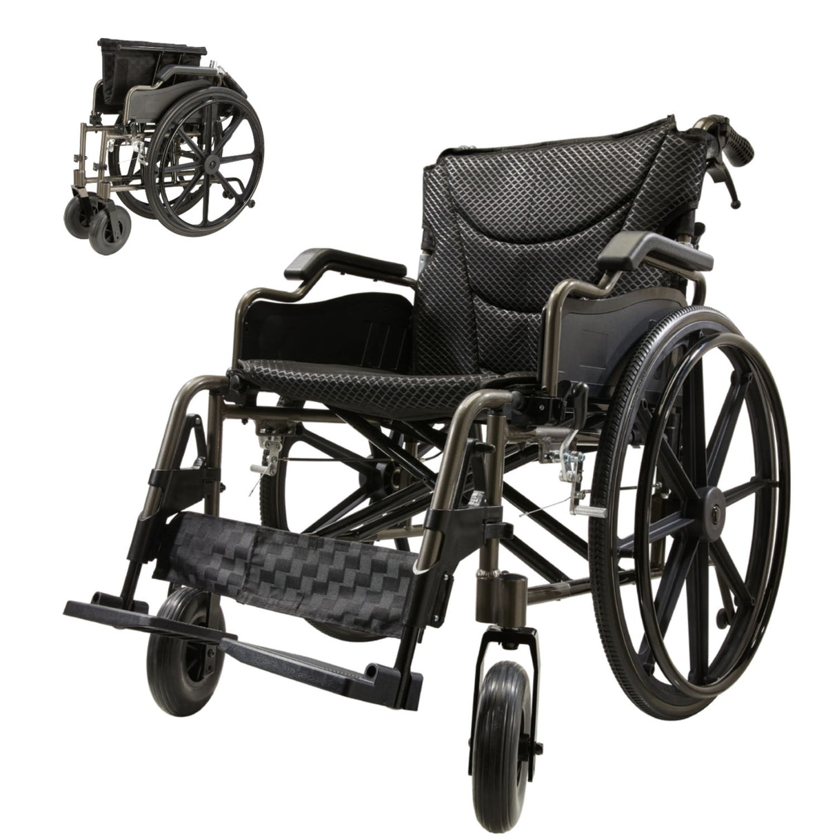 Lightweight Foldable Nursing Wheelchair For Adults Double X Force Support, 300Lbs Capacity, Breathable Cushion & Anti Backflip Design With Tires, Adjustable Seat Belt, Quick Release Wheels - Gray