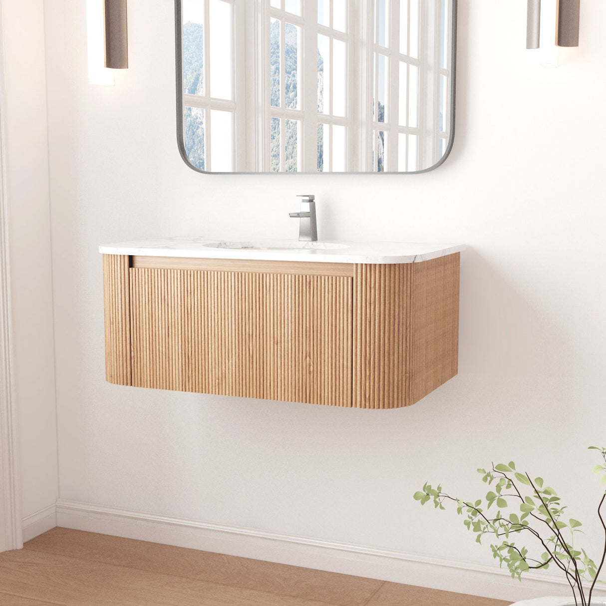Wall Mounted Bathroom Vanity With Sink - Natural Wood
