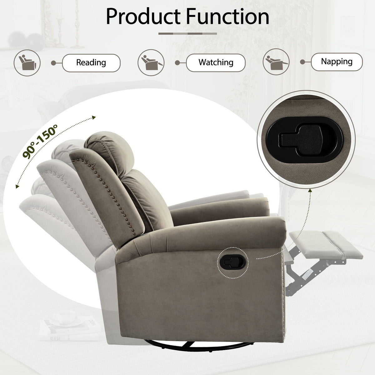 360 Degrees Swivel Recliner Manual Rocking Recliner Home With Adjustable Backrest