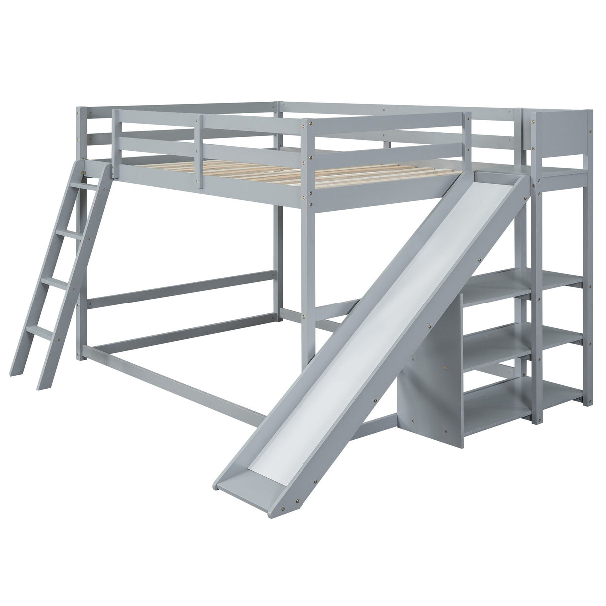 Bunk Bed With Ladder, Slide, And Shelves Pine Wood