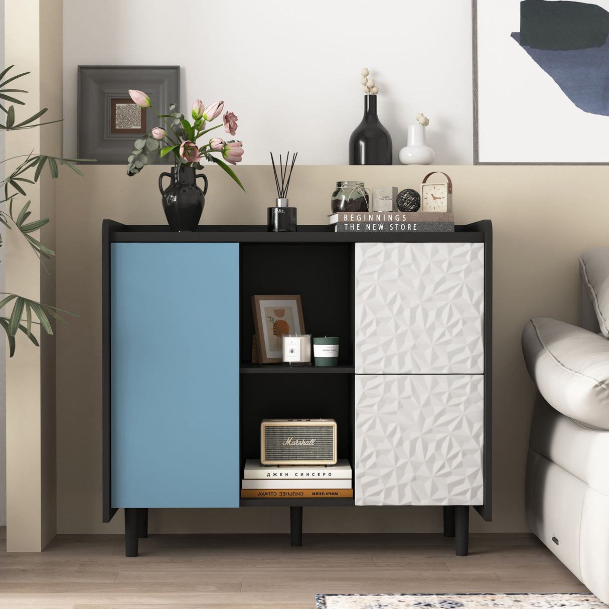Sideboard Buffet Cabinet with Unique Panel Styling Wood Storage Drawers