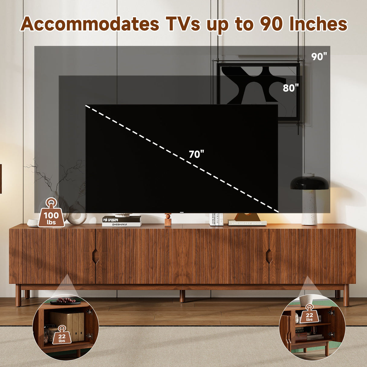 TV Stand With Legs, Media Console, 4 Cabinets For Living Room - Natural Wood