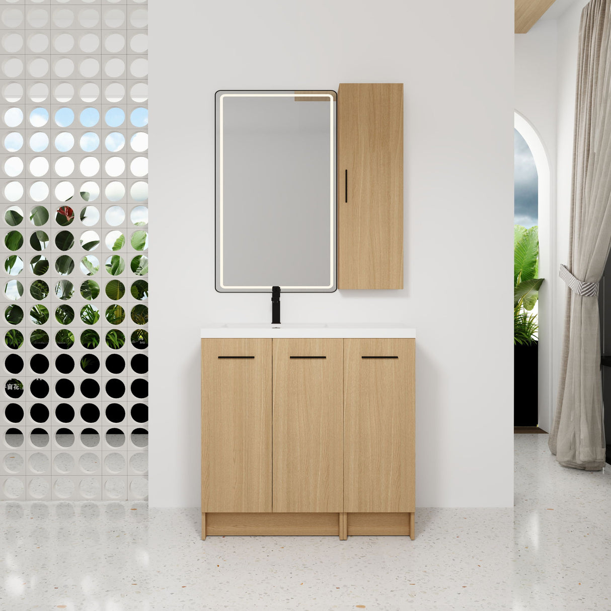 Freestanding Bathroom Vanity Set With Tall Linen Cabinet, 3 Door Storage Cabinet, Single Sink