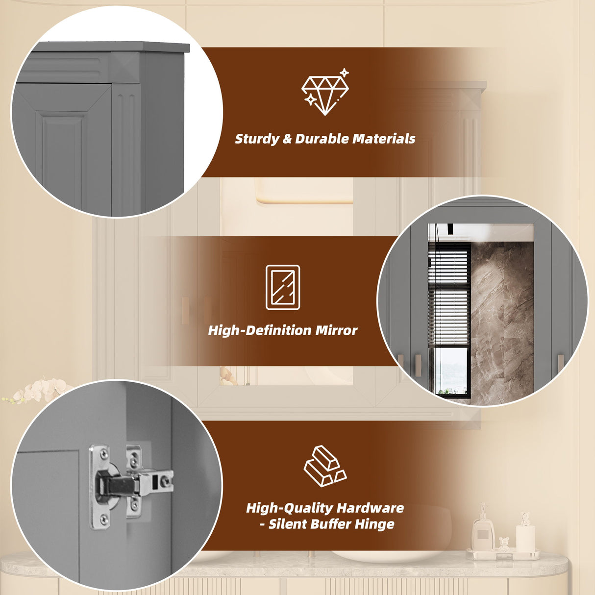 Wall Mounted Bathroom Cabinet With Mirror And 5 Shelves, Rectangular Design