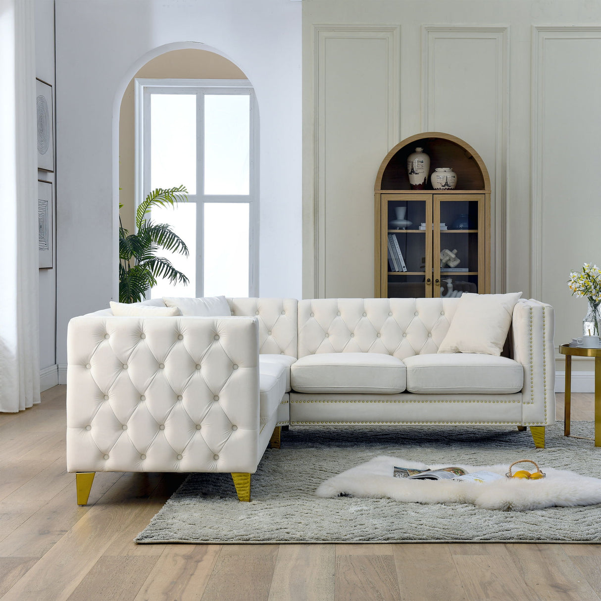 L-Shaped Corner Sofa, 5 Seater Sectional With Tufted Design