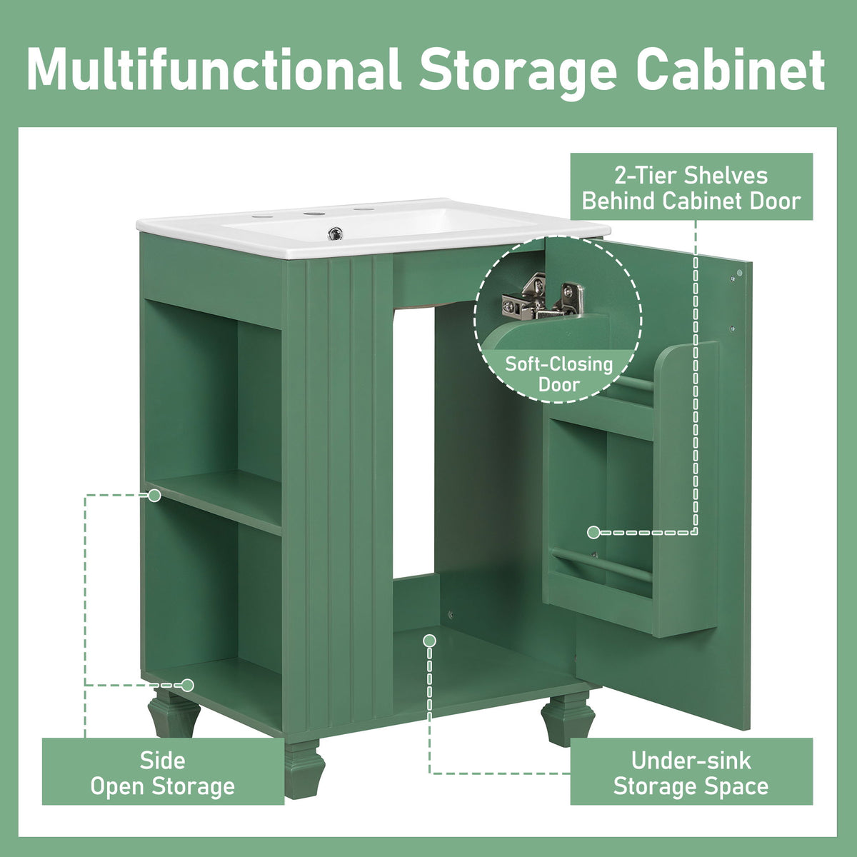 Classic Retro Bathroom Vanity With Sink, Door Shelf, Side Open Storage Frame
