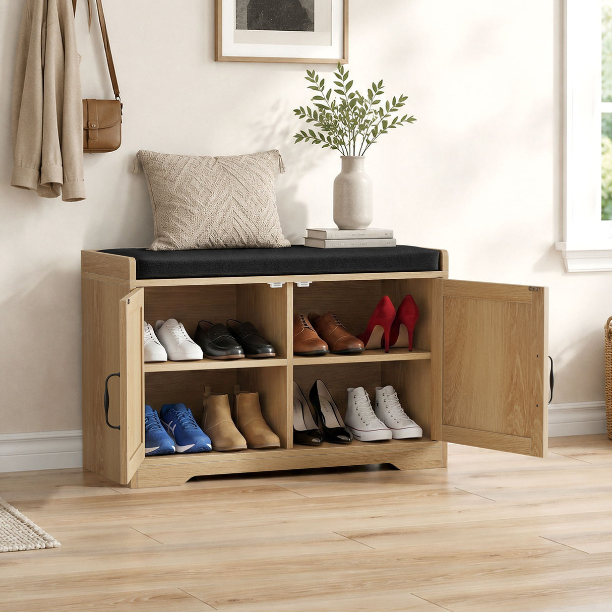 Entryway Shoe Bench With Double Doors, Upholstered Seat - Oak